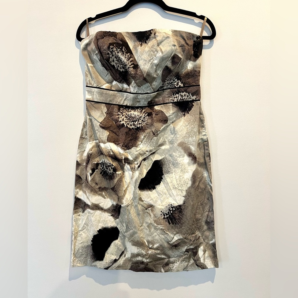 Strapless New York & Company Floral Dress Pleated Top Khaki Size 8